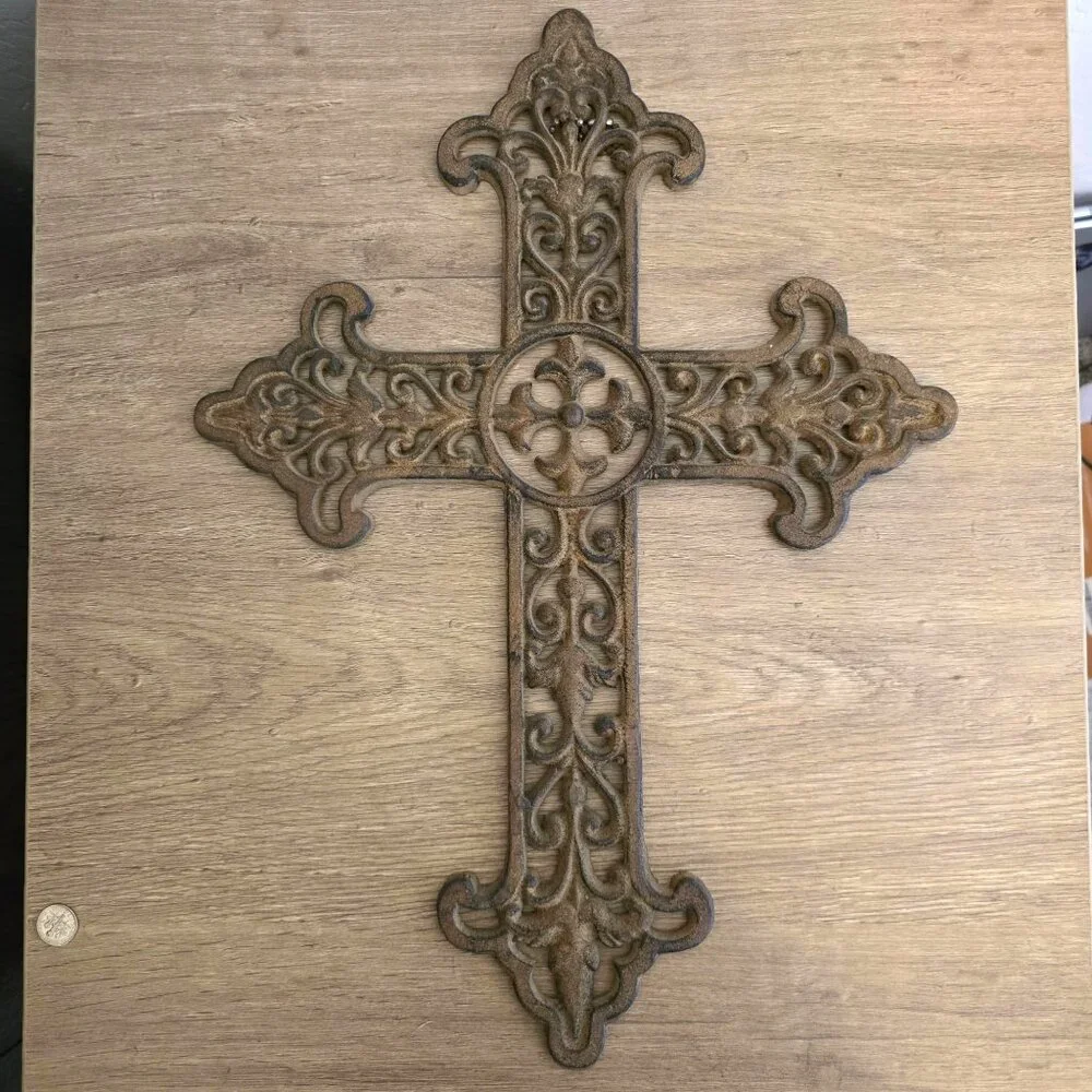 Cast Iron Hanging Cross Scrollwork Rustic Brown Finish Religious Heavy - Picture 5 of 10
